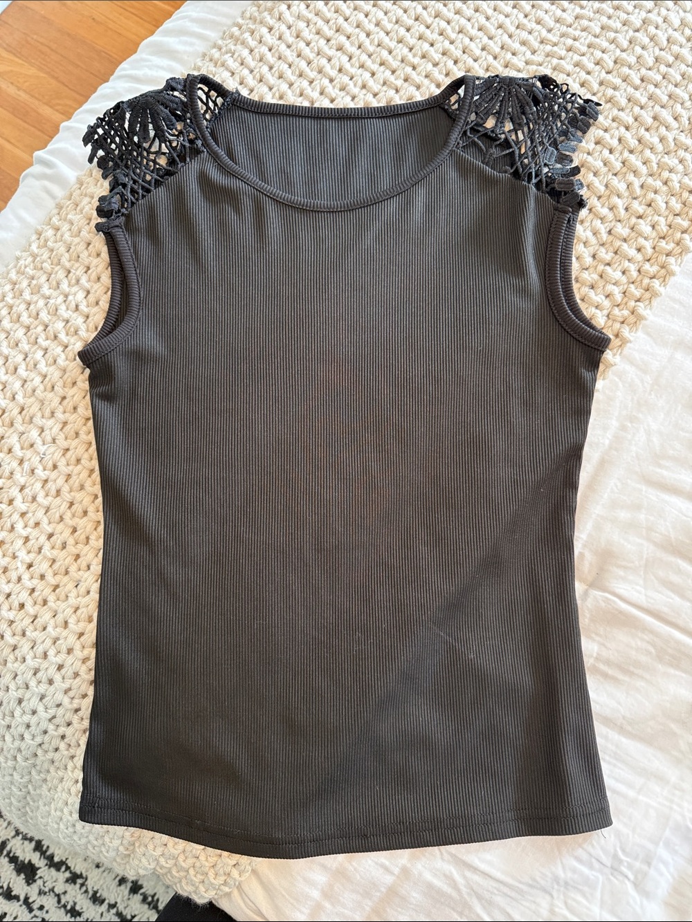 Women’s Black Ribbed Sleeveless Top with Crochet Shoulders